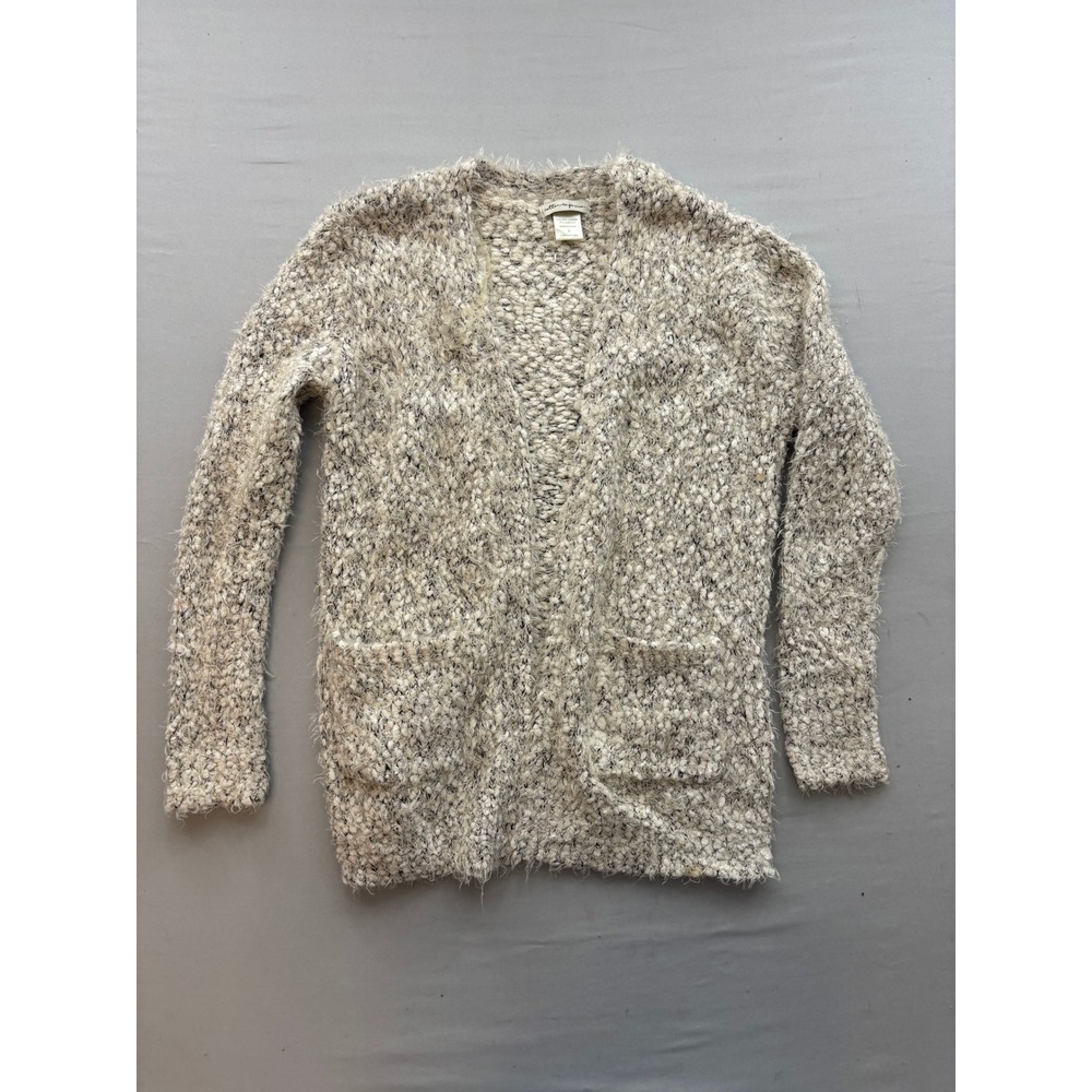 Cotton Emporium Eyelash Knit Cardigan Sweater Cream Black Marled Open Front S